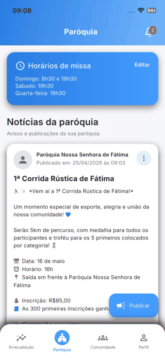 Demonstração de atualização de horários de missa no app