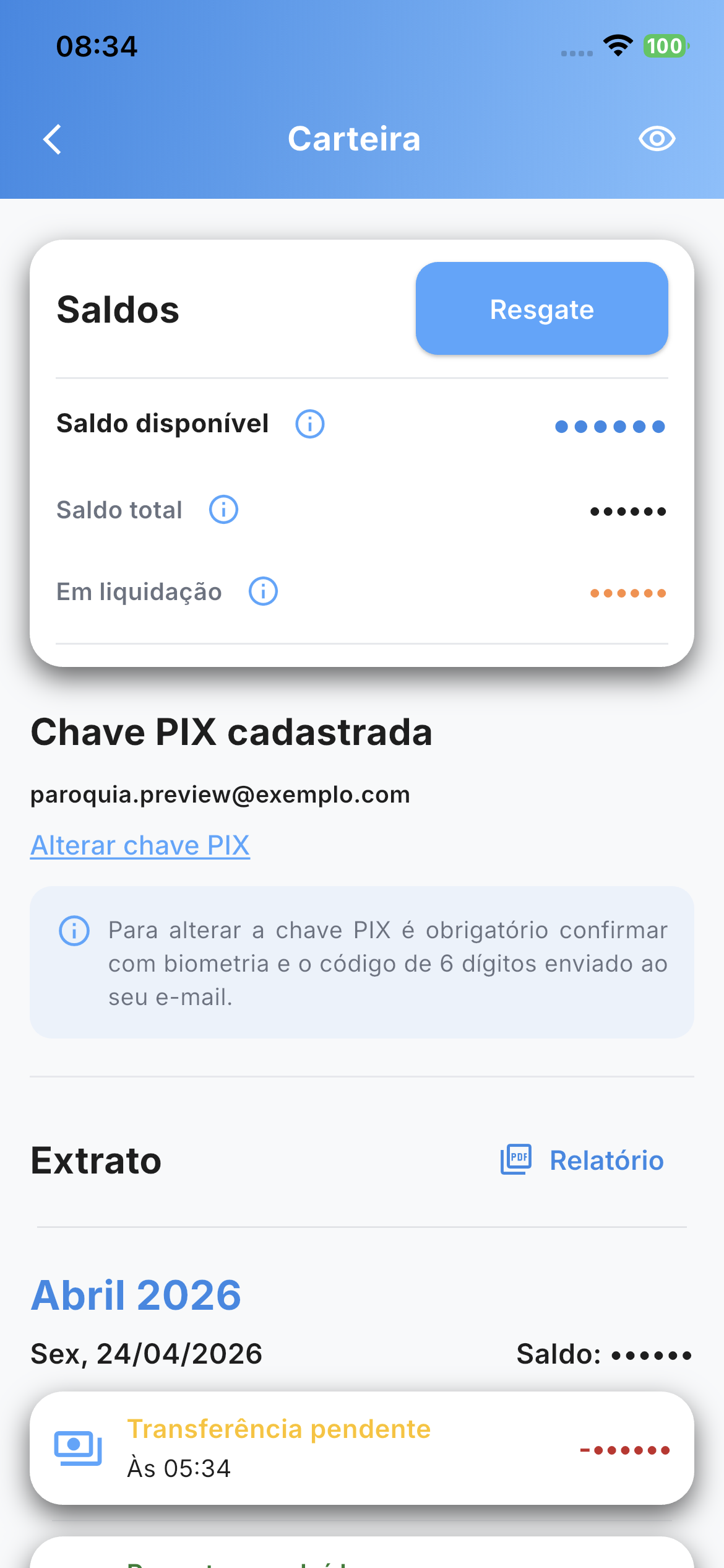 Tela da carteira com saldos e extrato da paróquia