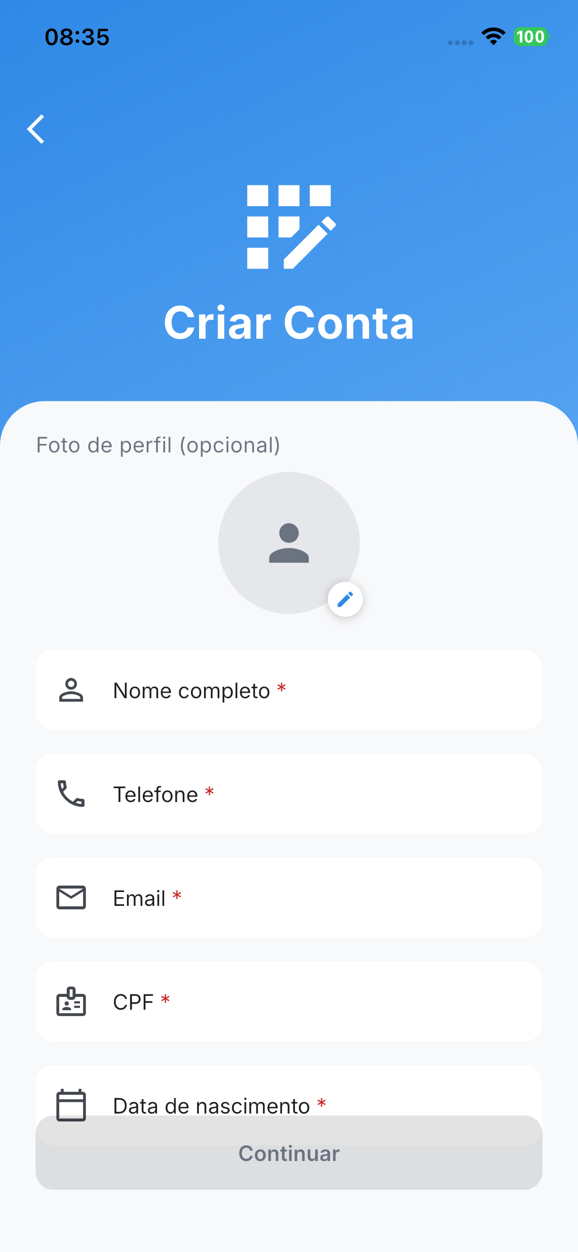 Tela de cadastro de conta do aplicativo