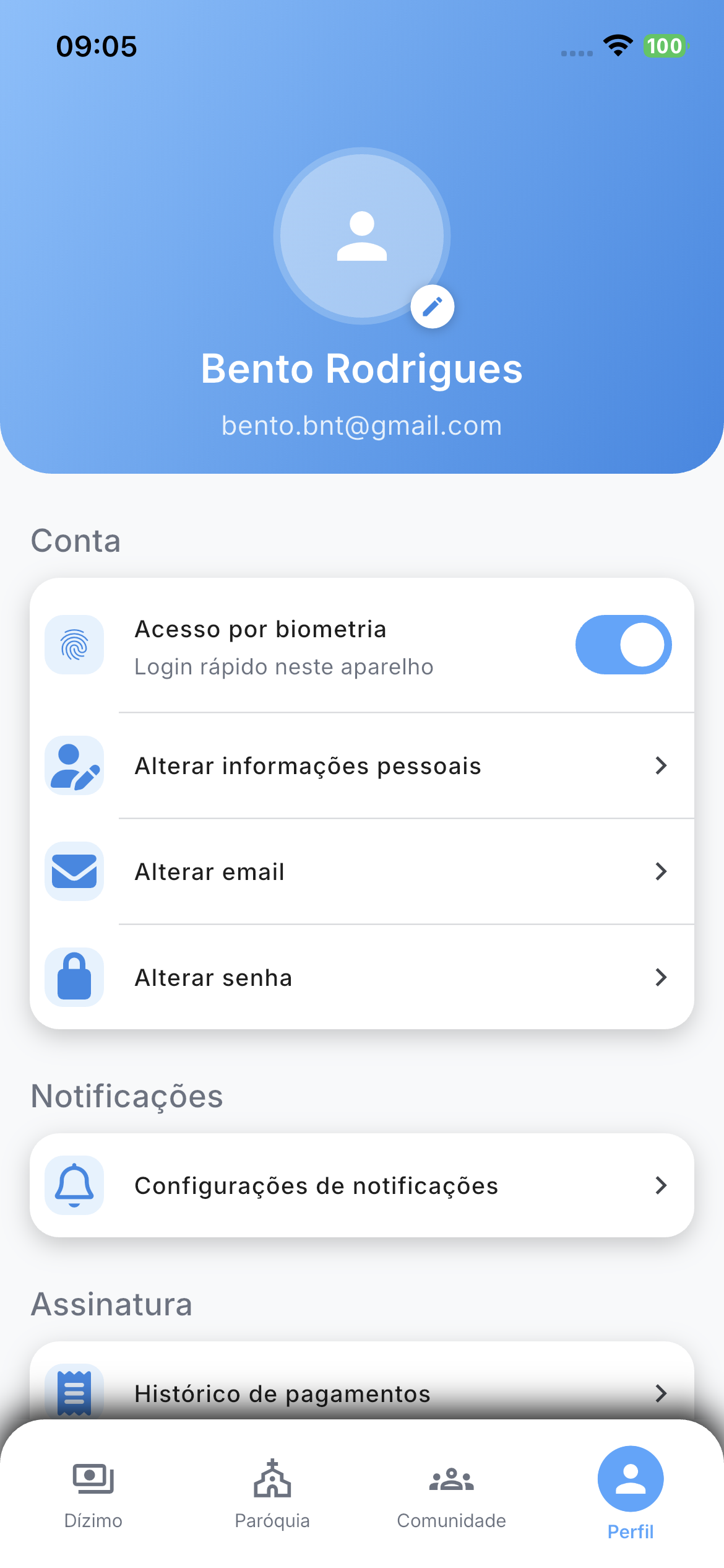 Tela de perfil do usuário no aplicativo