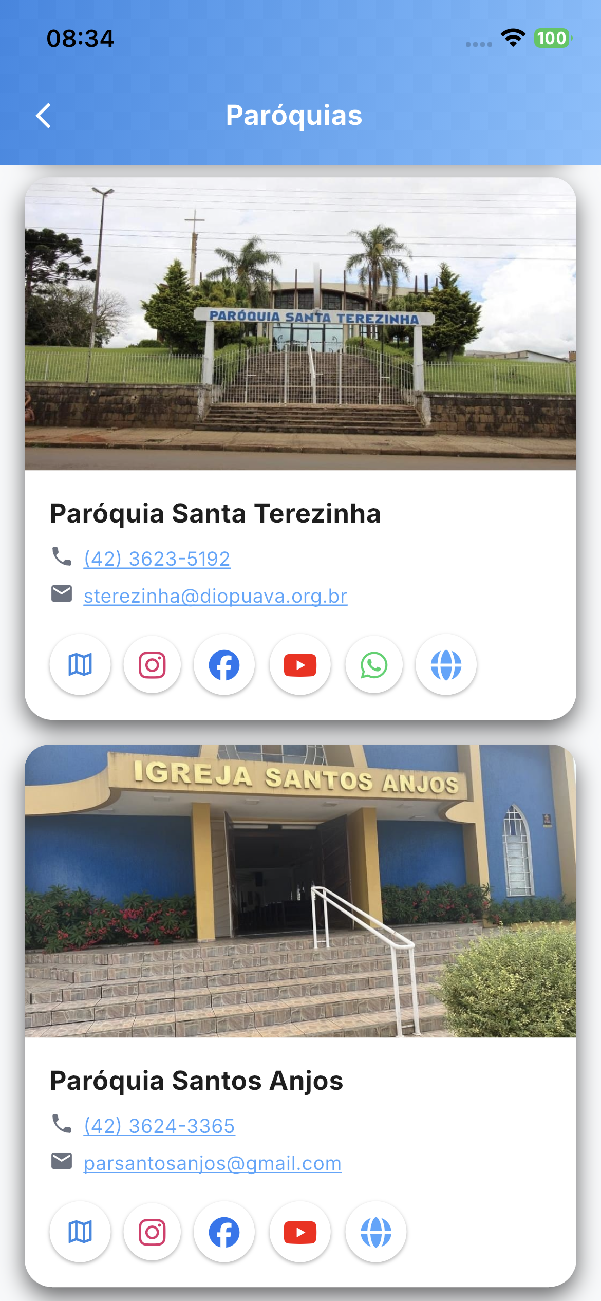 Tela de paróquias vinculadas ao usuário