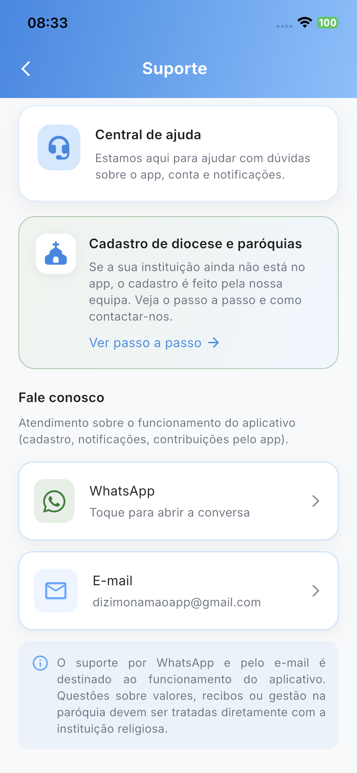 Tela de suporte com canais para tirar dúvidas