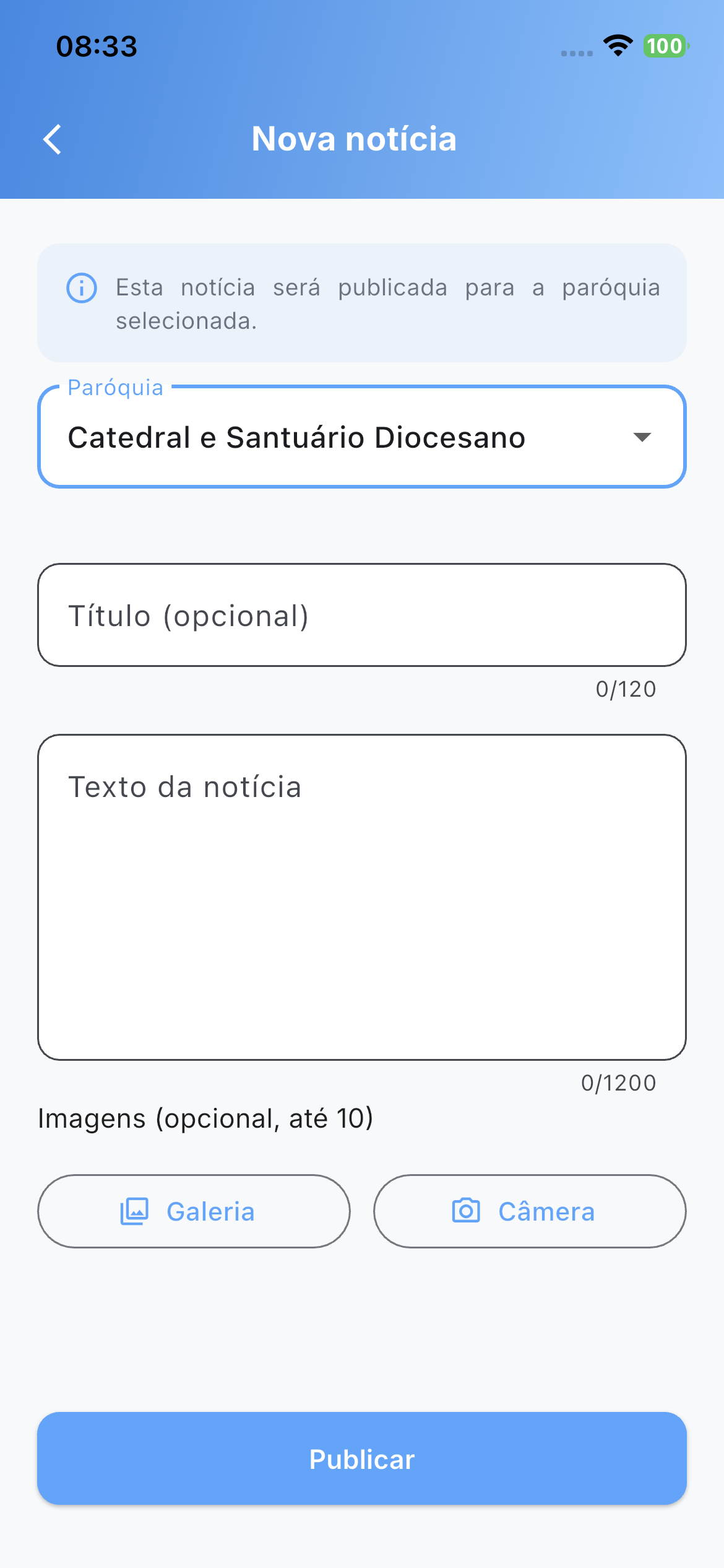 Tela de publicação de notícia da paróquia