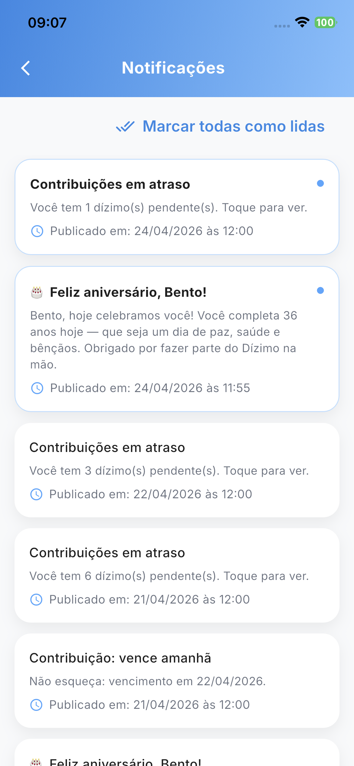 Lista de notificações recebidas no aplicativo