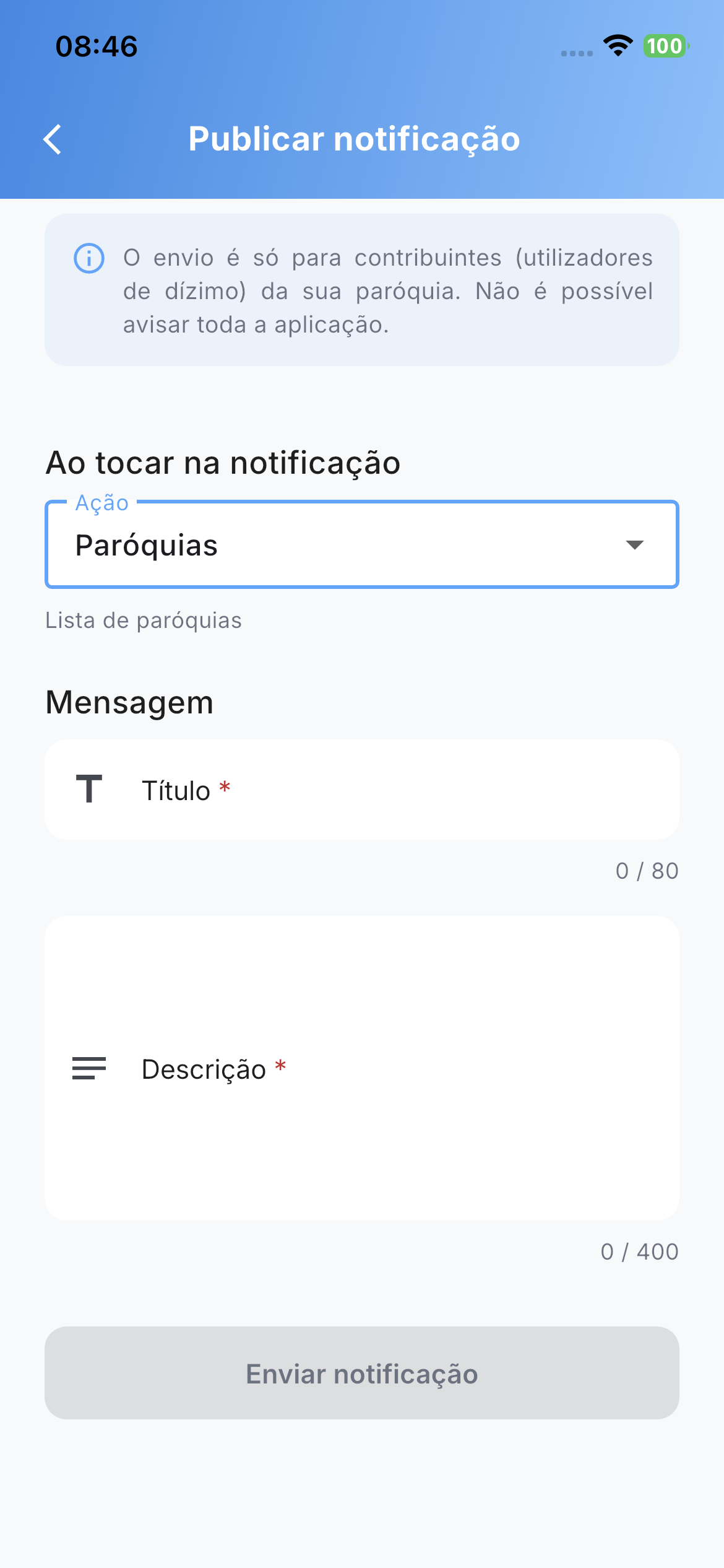 Tela para publicar notificação personalizada