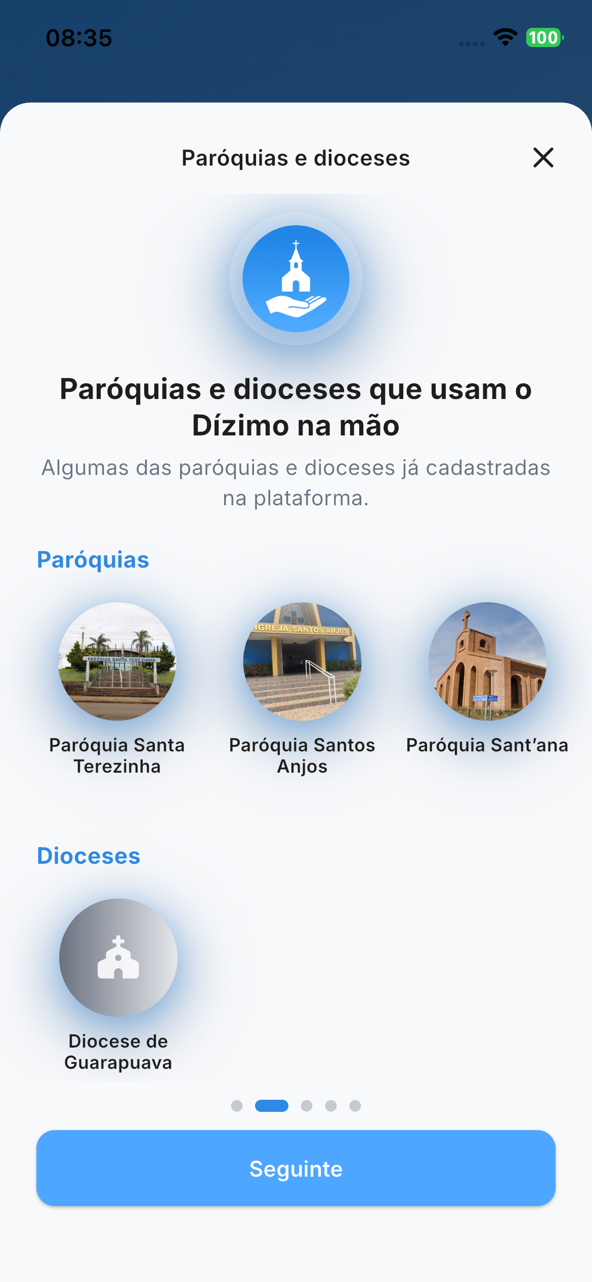 Tela com lista de paróquias e dioceses cadastradas