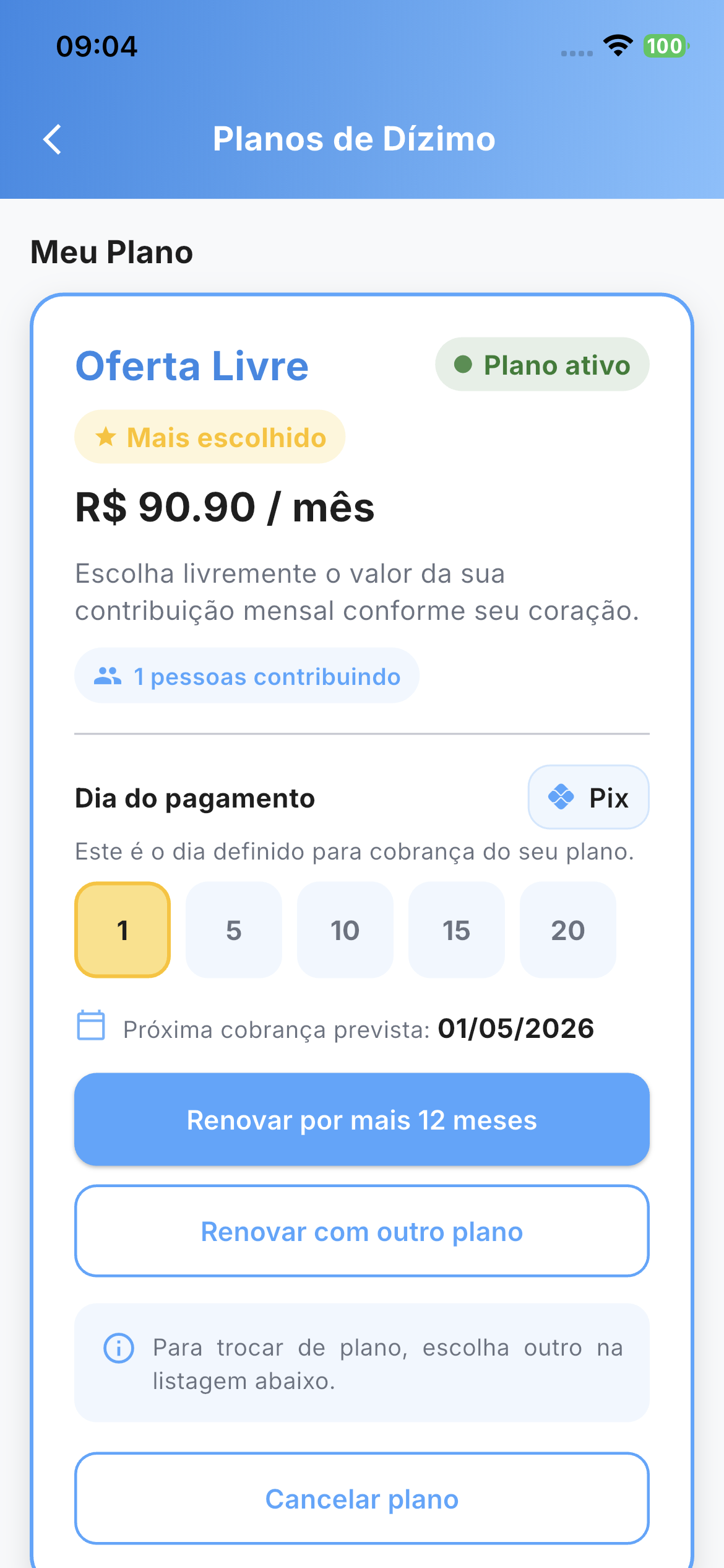 Tela para gerenciamento do plano mensal