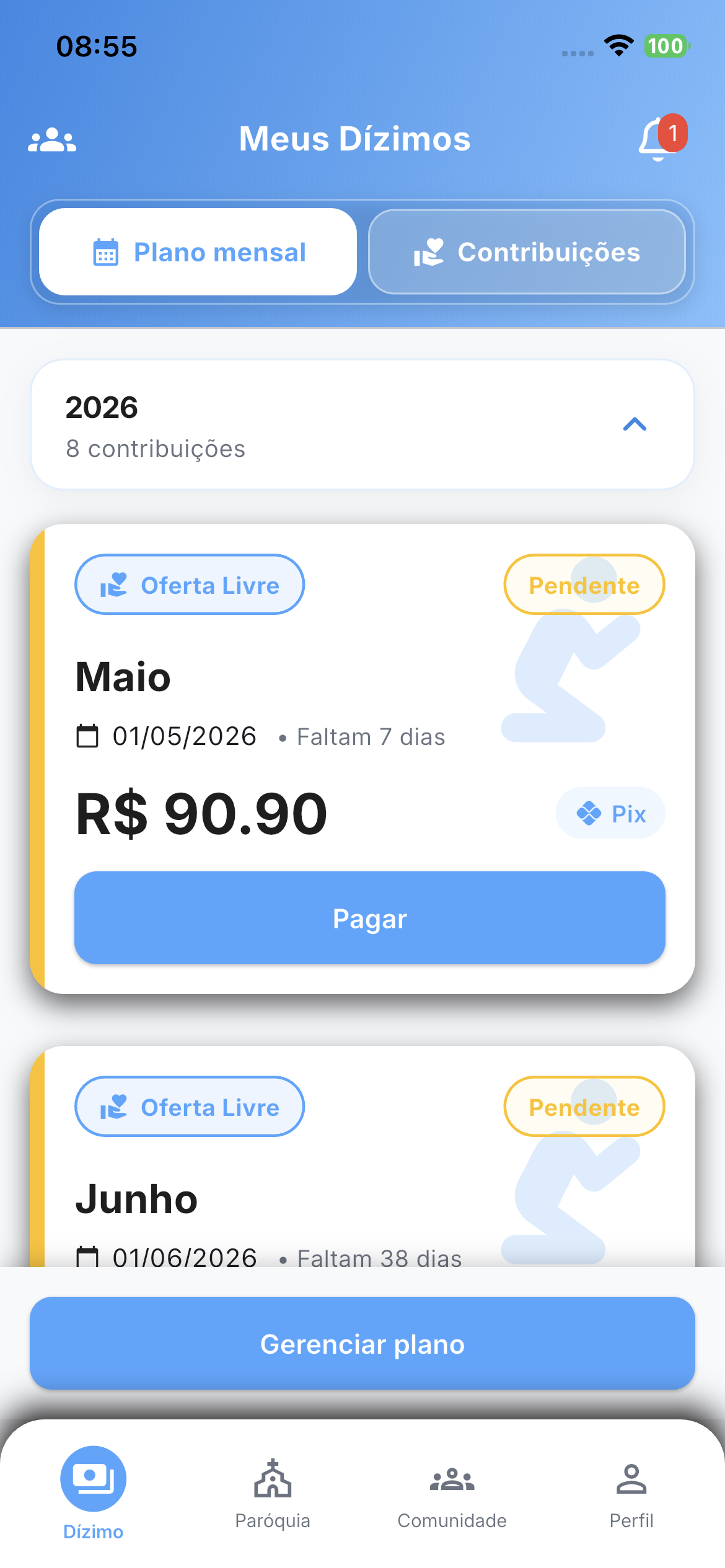 Tela de dízimos do usuário no aplicativo