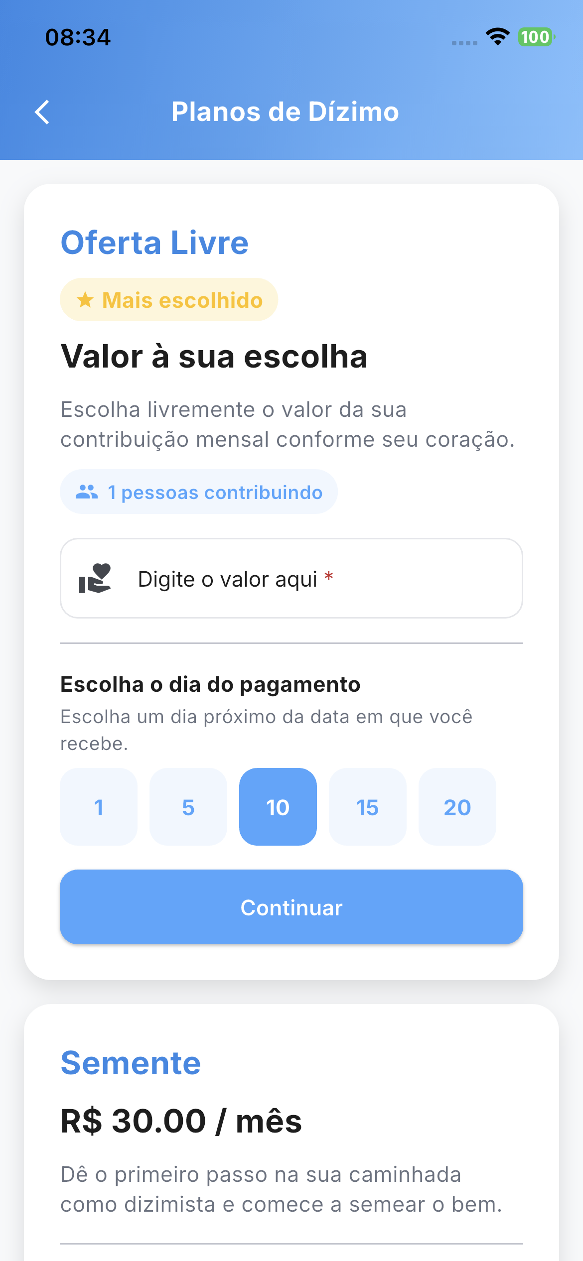 Tela de planos de dízimo no aplicativo
