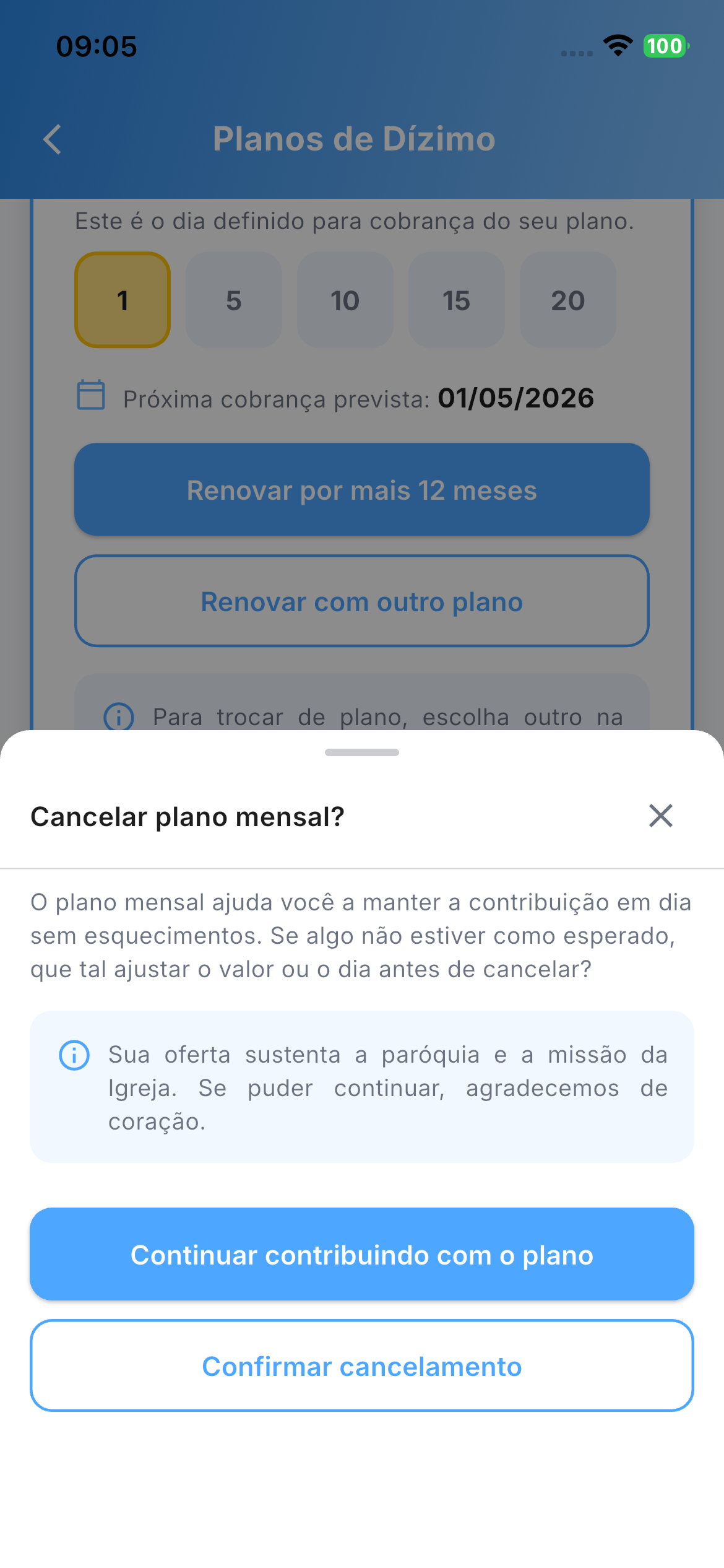 Tela de confirmação para cancelamento de plano mensal